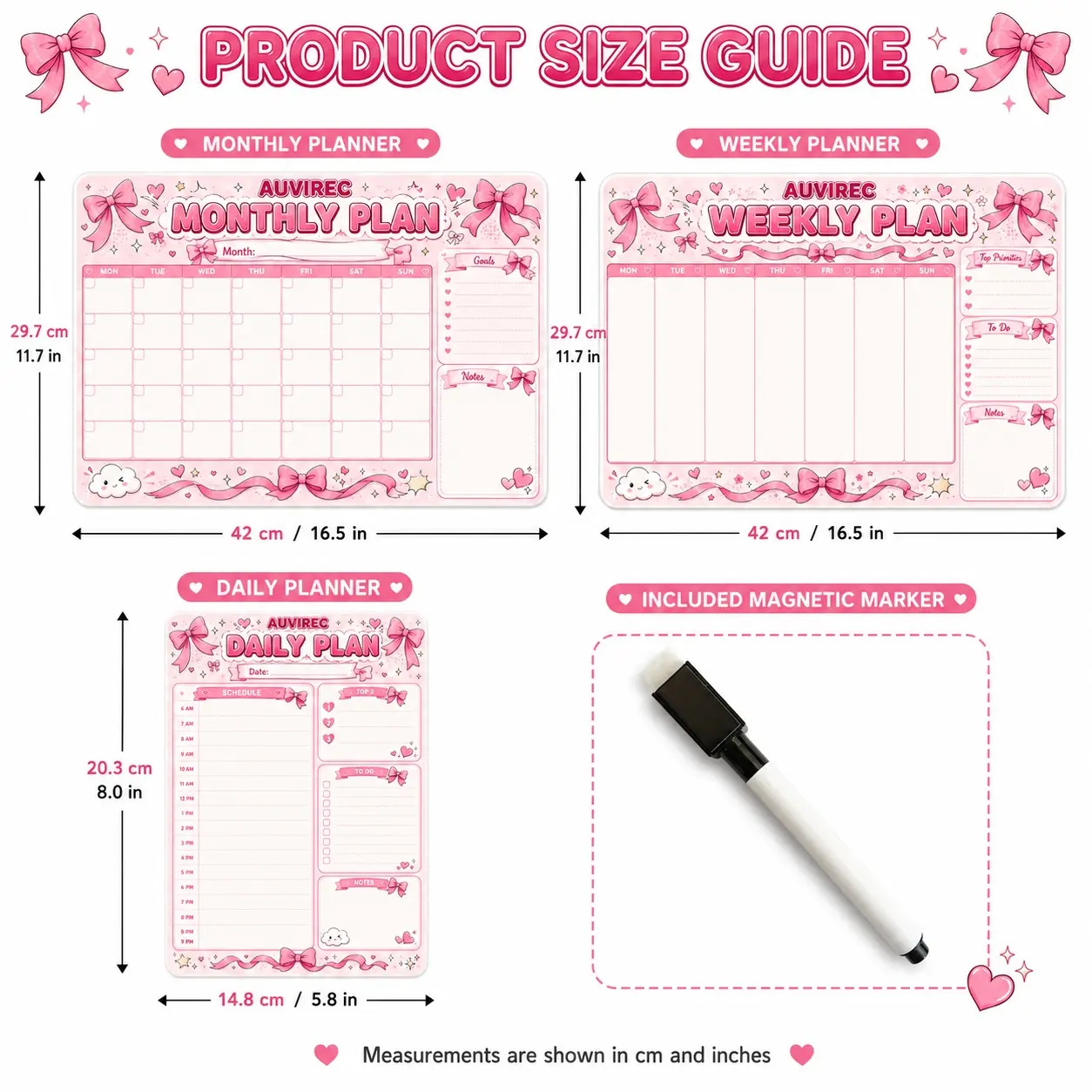 Auvirec 3-Piece Bow Pet Dry Erase Calendar Set, Reusable Family Schedule Board, Includes Marker, for Kitchen, Office, Refrigerator, Dry Erase Calendar for Fridge