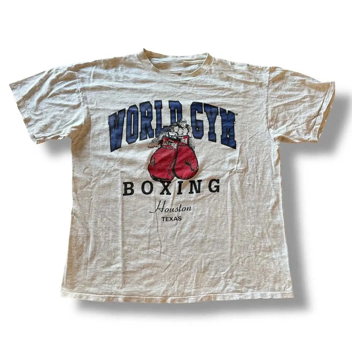 VINTAGE 90s World Gym Boxing Graphic T-Shirt with Gorilla Print - Fitted Cut, All-Season Wear, Machine Washable Gym Shirt