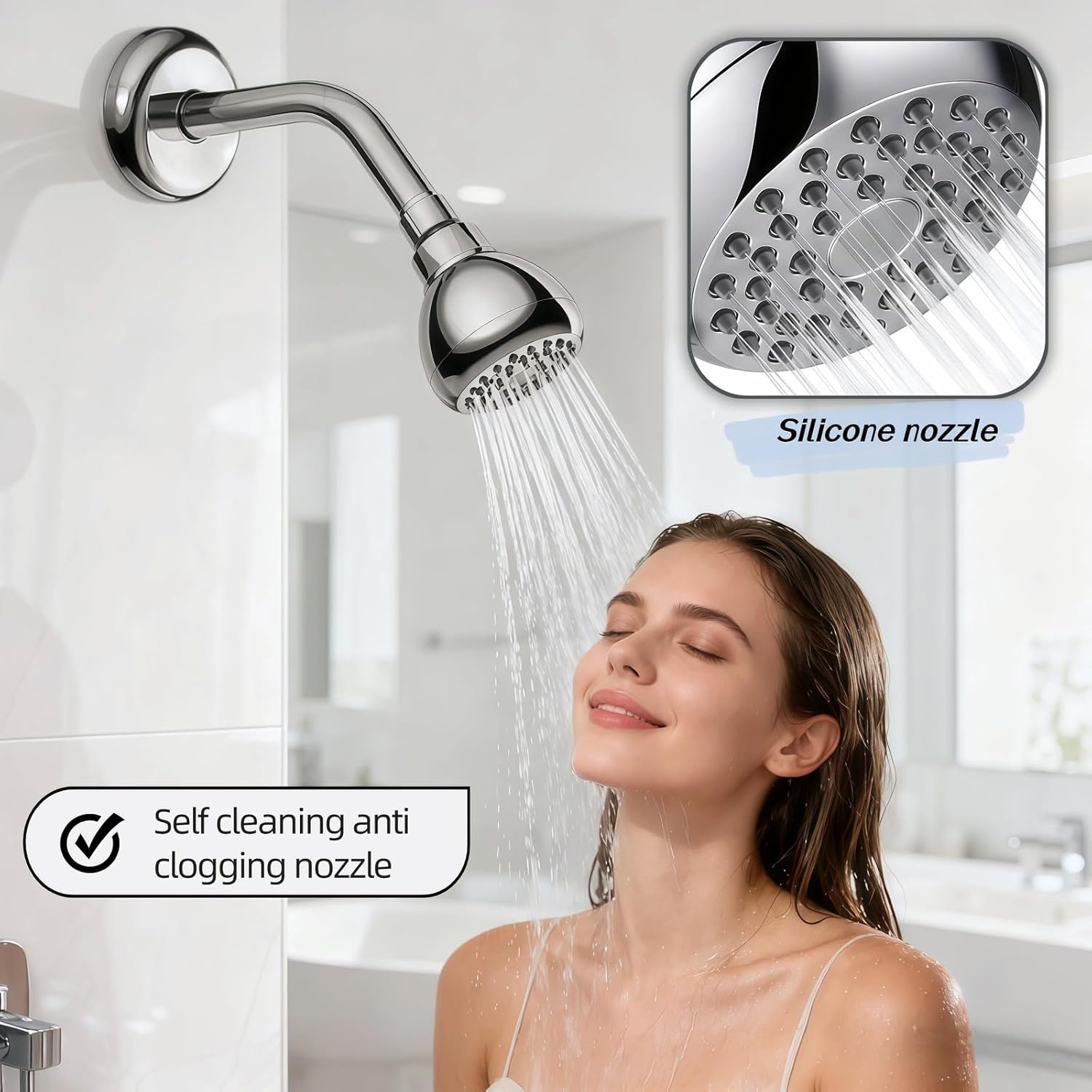 Shower Head 360 Degree Rotating Self-Cleaning Nozzle, Water Saving Flow Optimizer, Easy Installation Rustproof Abs, Adult Elderly Spa Shower