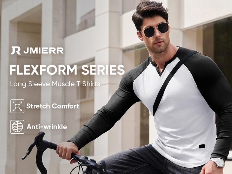 JMIERR Mens Long Sleeve Muscle T Shirts Casual V-Neck Longline Ribbed Tee Shirts