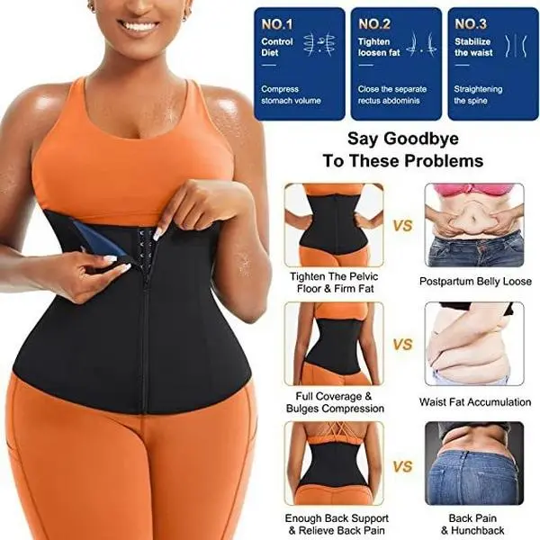Plus Size Women 3 Row Buckle Zipper Sweat Waist Trainer Corset Belly Control Shapewear For Fitness Yoga Workout Sports Weight Loss Slimming Body Shaper Belt Womenswear Basic