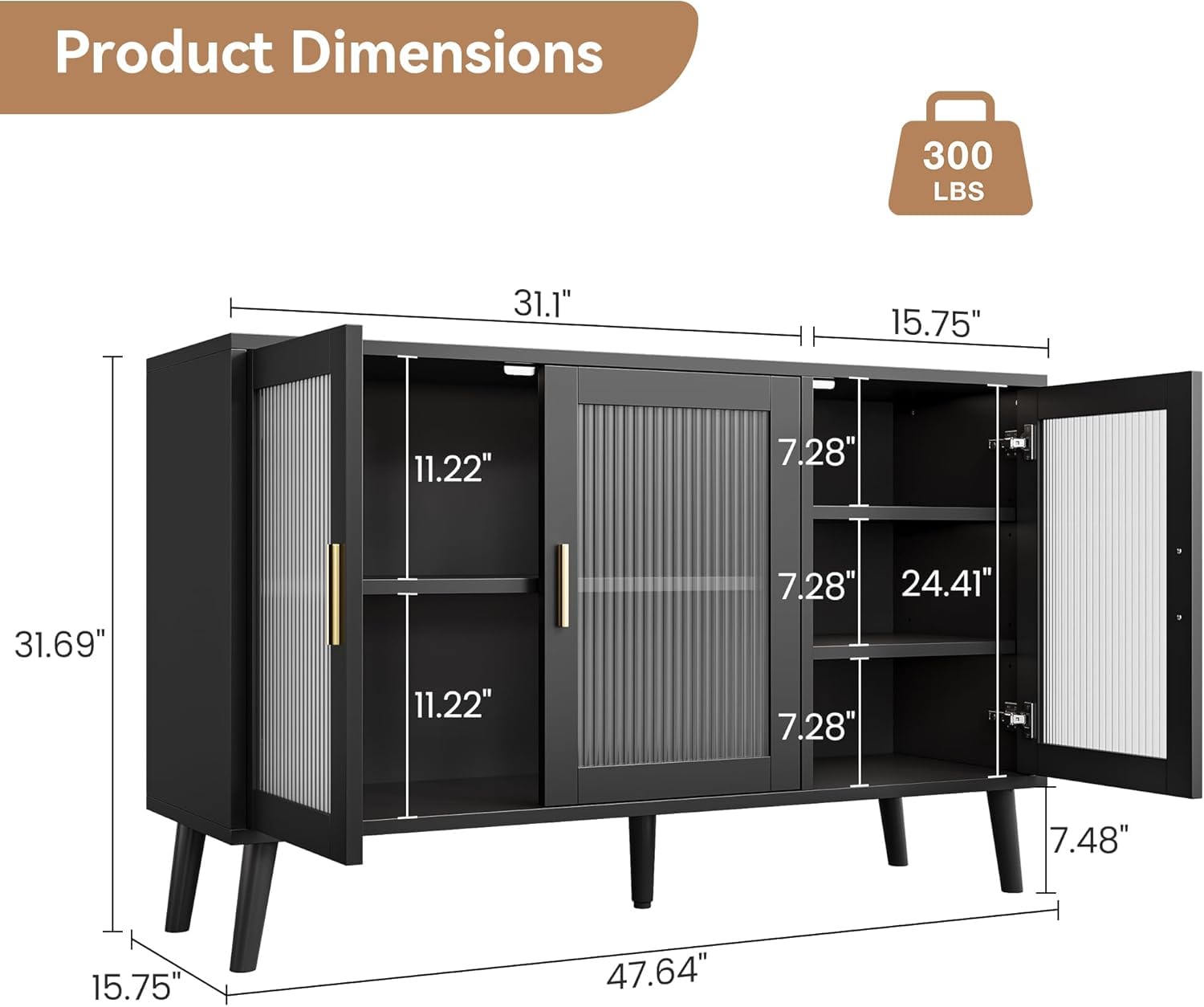48" Buffet Cabinet with Storage, Large Sideboard Cabinet with 3 Fluted Glass Doors, Modern TV Consoles Stand Cabinet for Kitchen, Dinning Room, Hallway, Living Room