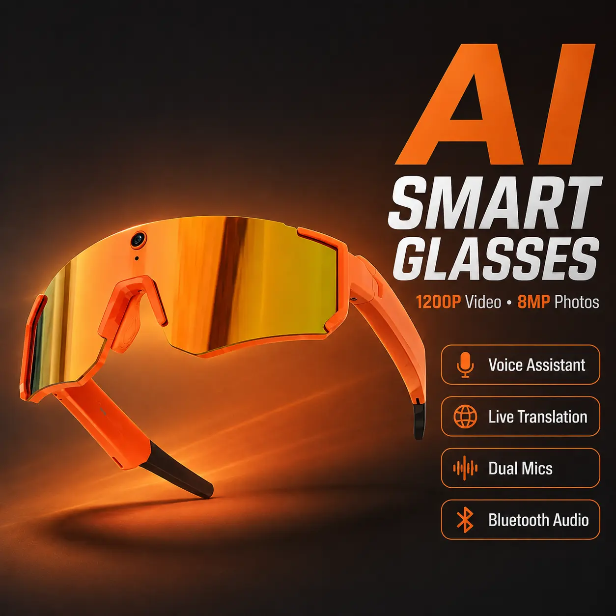 Hands-Free AI Recording Glasses with 1200P Video and 8MP Camera, Anti-Shake Photo Capture, Smart Voice Assistant, Instant Translation, Bluetooth Music and Calling, Dual Microphones and UV Protection