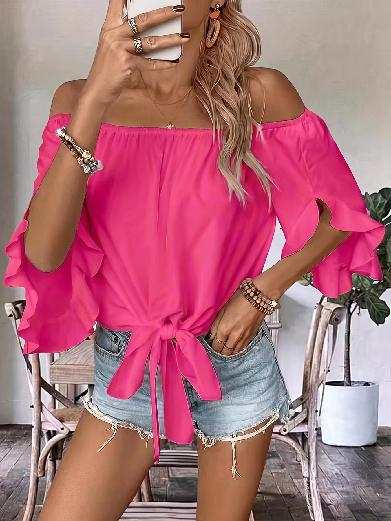 Women's Casual Off-Shoulder Ruffle Bell Sleeve Shirt Blouses, Elegant Feminine Tie Hem Loose Top, Stylish and Comfortable Daily Wear
