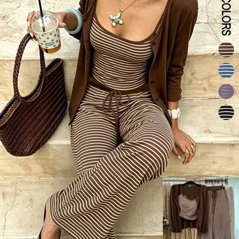Women's Early Autumn Striped 3-Piece Set, Knitted, Includes Solid Long-Sleeve Cardigan, Striped Cami Top and High-Waisted Wide-Leg Trousers, Suitable for Daily Outings and Casual Loungewear