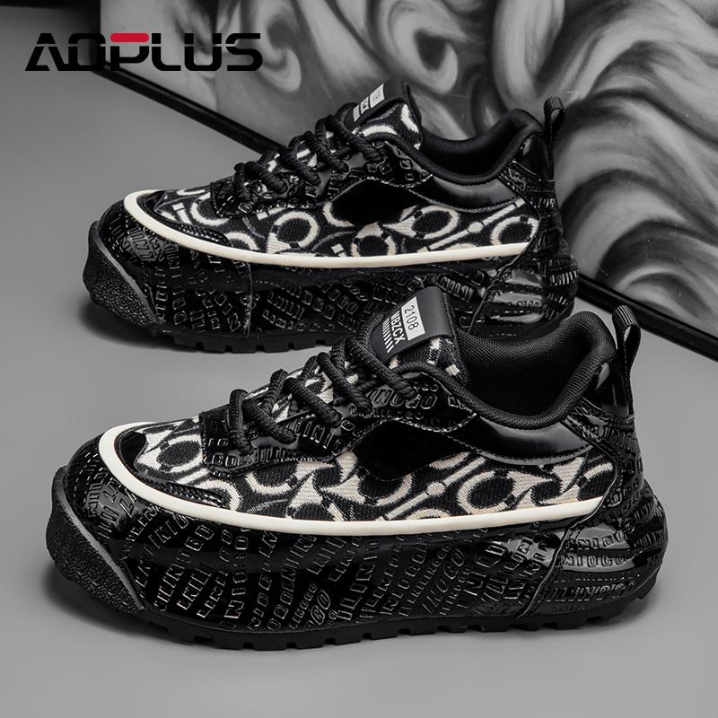 AOPLUS Men's Graphic Sneakers – Stylish Black & White Print Shoes for Bold Fashion