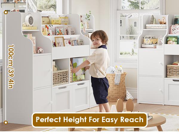 FOTOSOK Toy Storage Organizer with  8 Storage Cubbies and 2 Movable Drawers, Toy Organizer with Hidden Wheels and 3-Tier Kids Bookshelf, Multifunctional Floor Storage Chest for Playroom