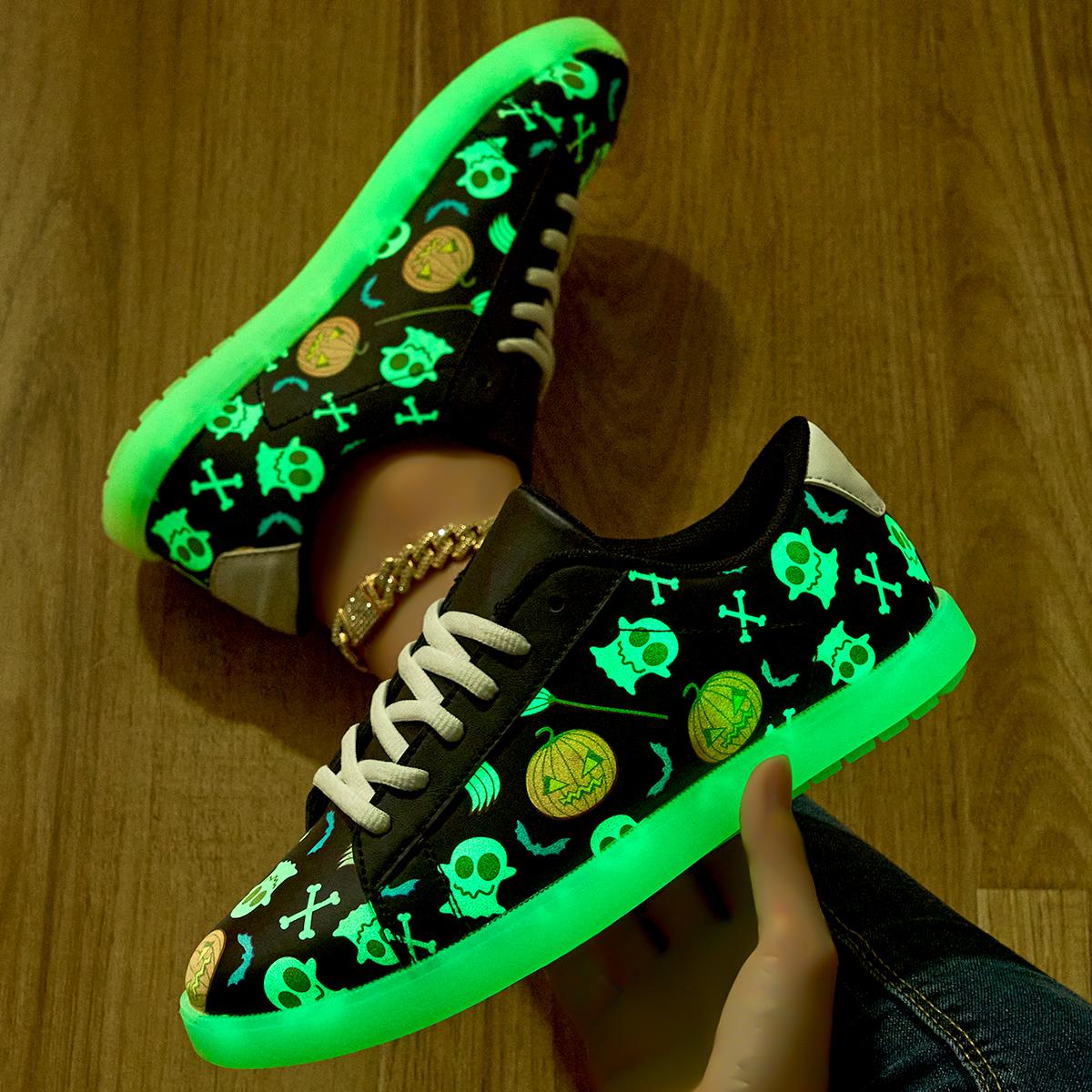 Unisex Casual Fashion Sneakers with Light Up Feature - Halloween Skull and Pumpkin Pattern, Non-Slip Rubber Sole, Low Top Lace-up with Round Toe - All-Season Fluorescent Board Shoes Closed Trainer Walking Shoes Sports Shoes Runner Boy