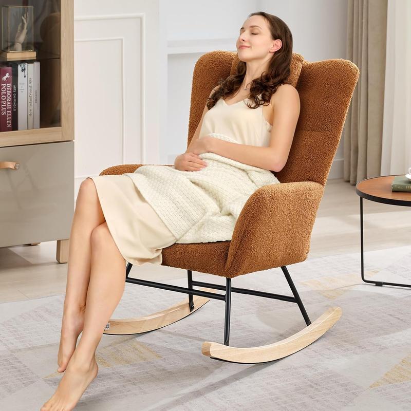 Nursery Rocking Chair, Teddy Upholstered Glider Rocker with Padded Seat and High Backrest, Comfy Accent Armchair for Baby Room or Living Room