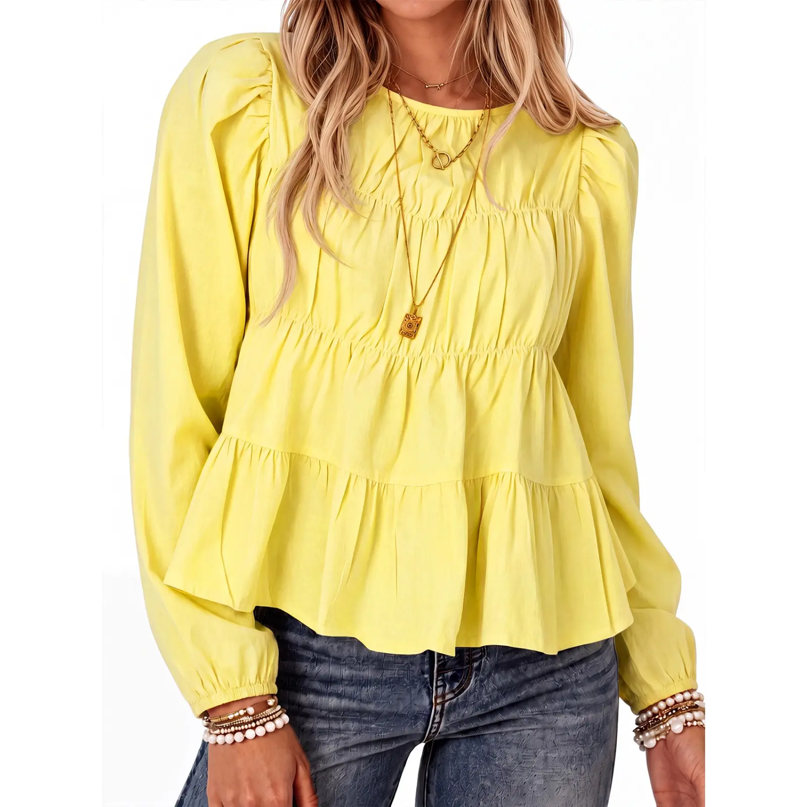 Tankaneo Women's Puff Long Sleeve Peplum Babydoll Blouse - Pleated, Flowy, Comfortable, Slimming, Breathable, Ideal for Beach Wear