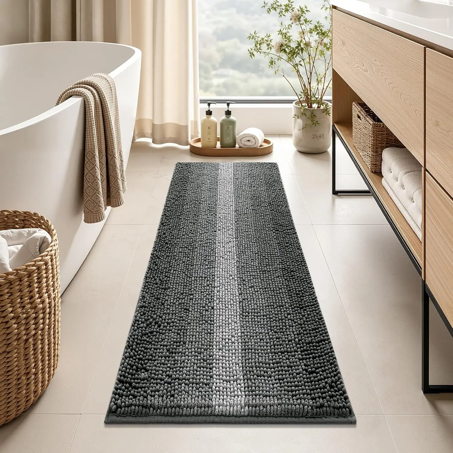 Bathroom Rug 20"x47", Ultra Absorbent Non Slip Bath Mats | Quick Dry, Machine Washable, Chenille Gradient Bath Mat Thick Floor Runner Carpet for Bathroom, Shower, Tub, Grey