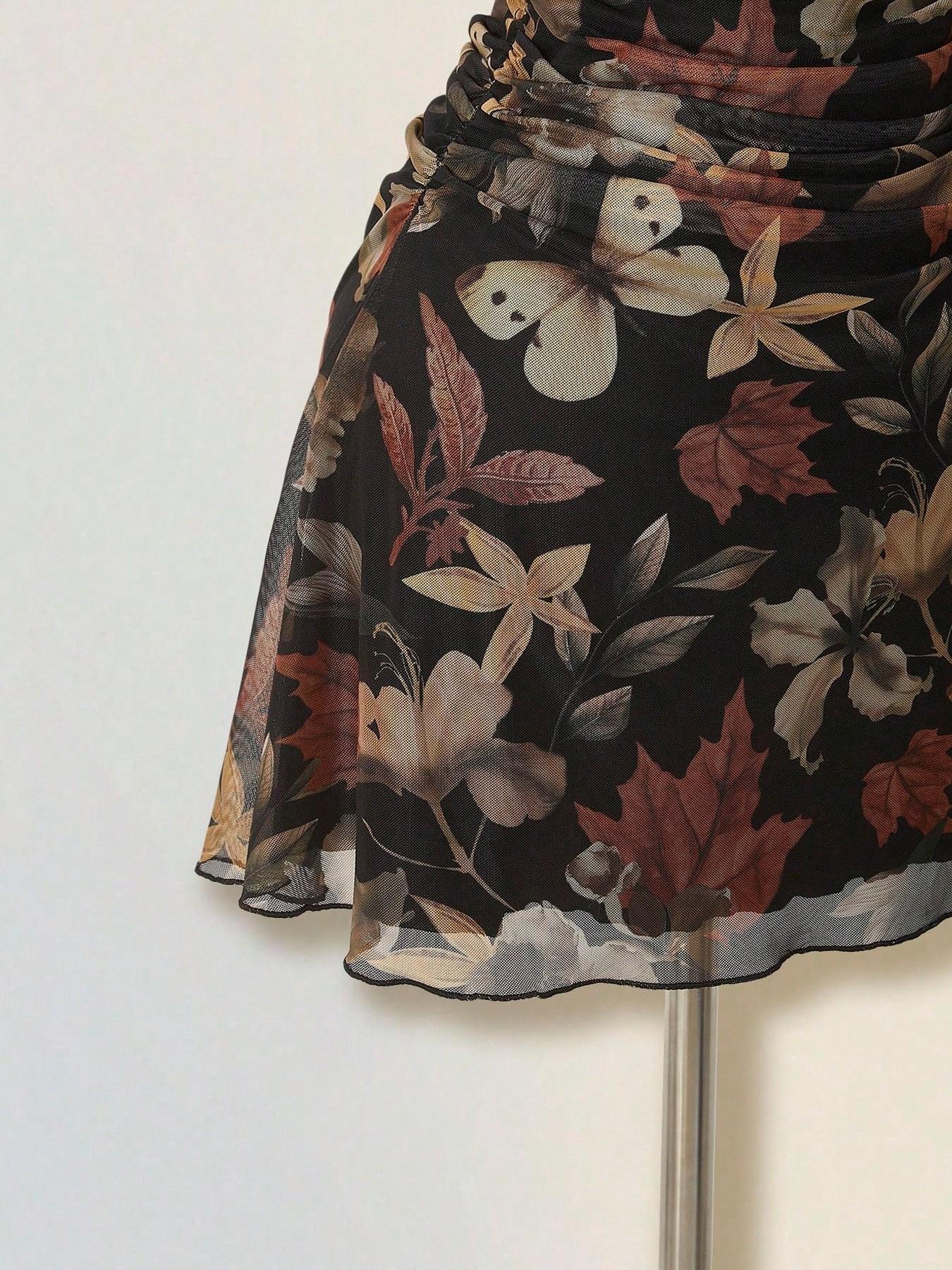 1 Piece Autumn Leaf Waist-Cinched Dress | Euro-American Casual Vibe | Spaghetti Strap Design + Breathable Fabric | Comfortable Pick for Autumn Day Trips / Casual Social Gatherings