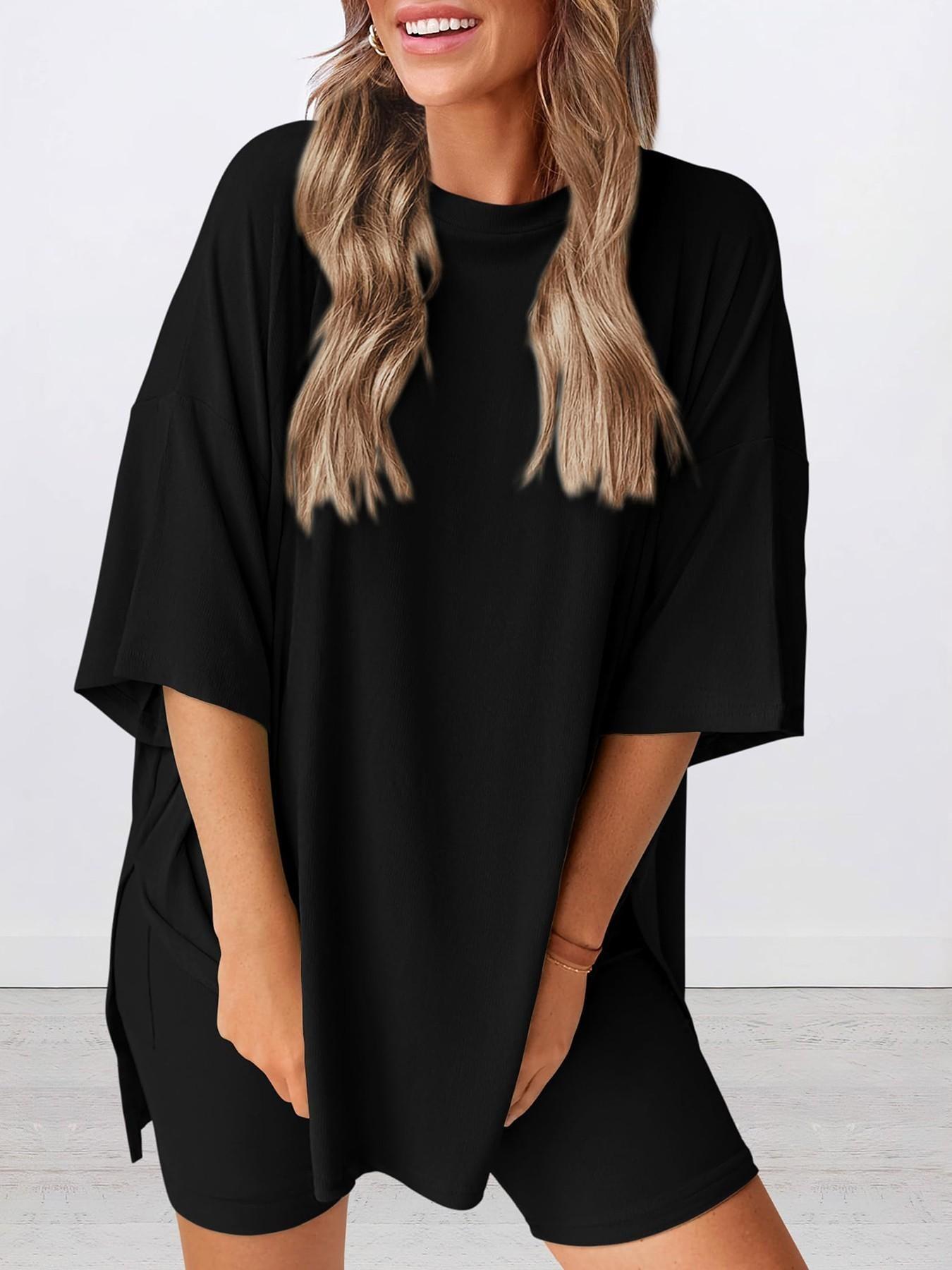 Women's Solid Color T-Shirt and Tight Shorts Set, Summer Comfort Round Neck Pajamas Loungewear, Nightwear, Pocket Design, Suitable for Outdoor Wear