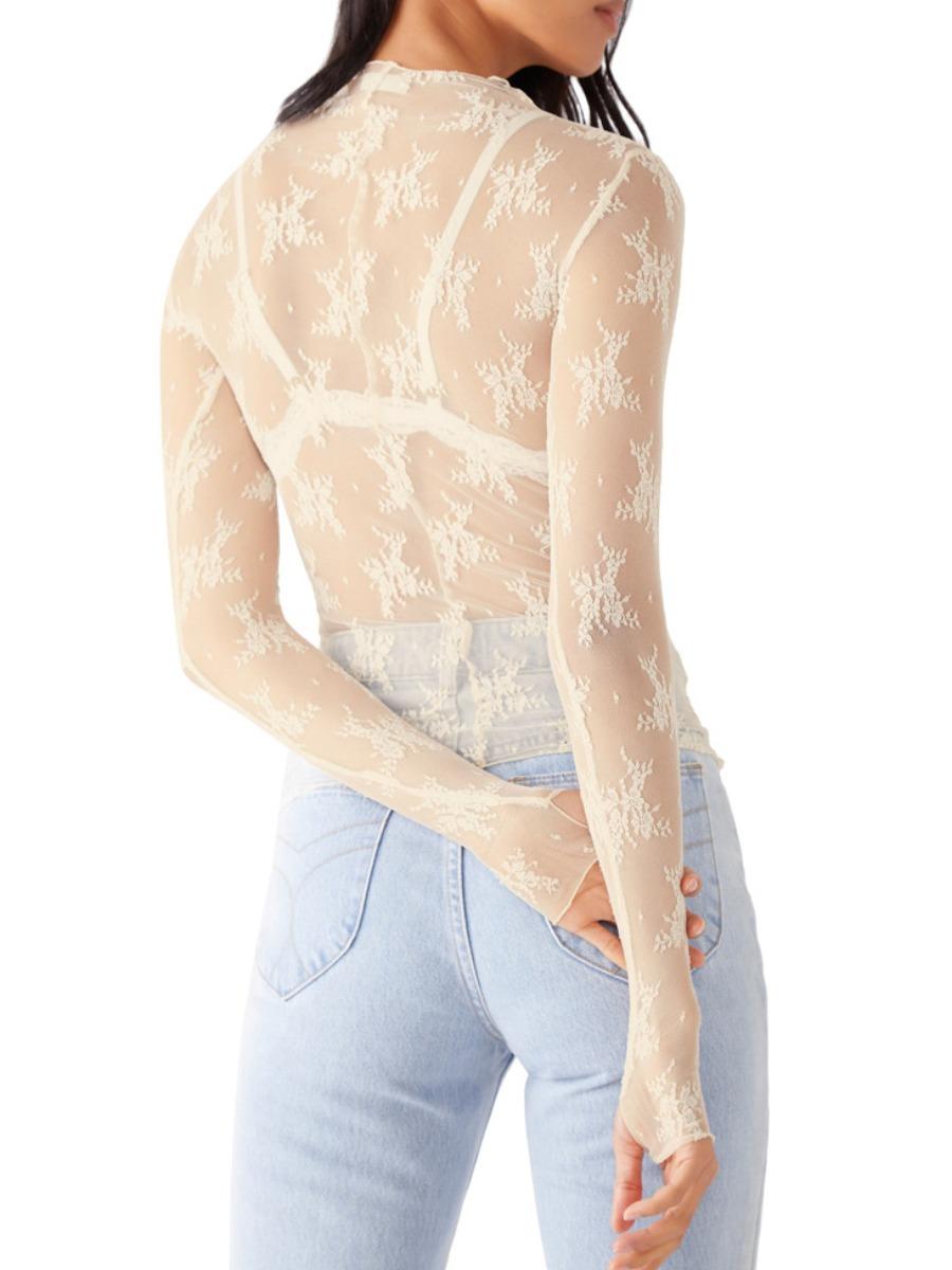 Women's Floral Layering Lace Tops With Thumb Hole, Mesh See Through Slim Shirt All Seasons, Micro Elasticity Long Sleeve Mock Neck Sxy Style