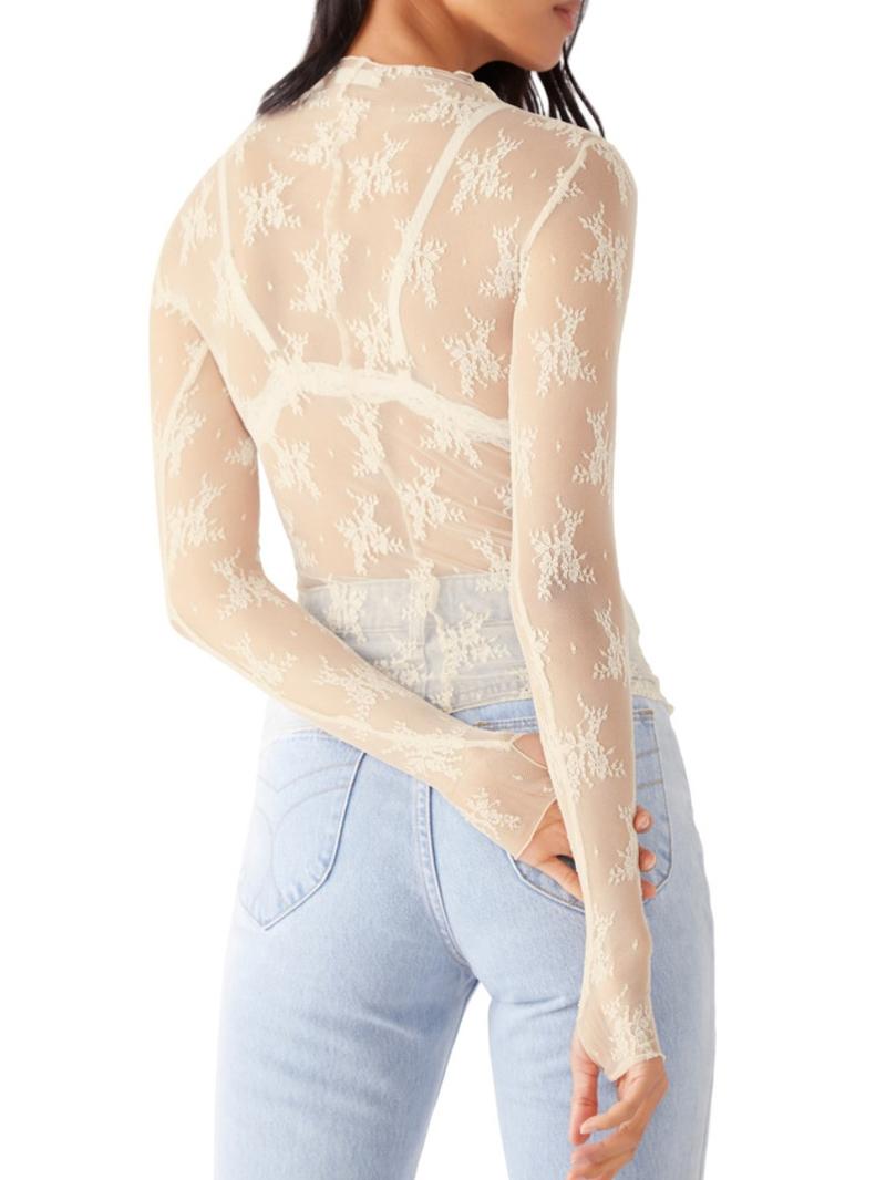 Women's Floral Layering Lace Tops With Thumb Hole, Mesh See Through Slim Shirt All Seasons, Micro Elasticity Long Sleeve Mock Neck Sxy Style