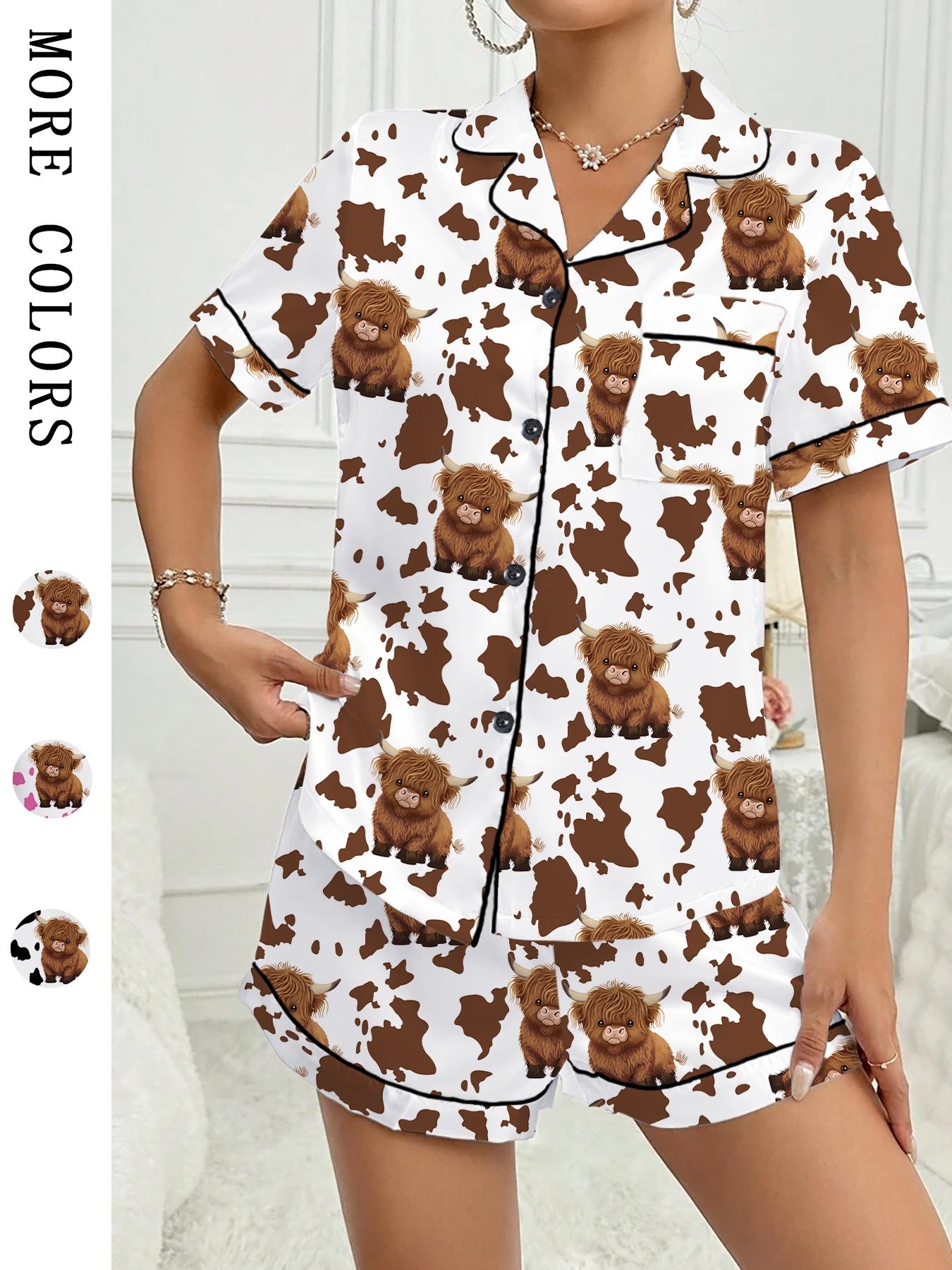 Valentine's Day Women's Sleepwear Pajama Loungewear Set, Comfortable Cute Elastic Highland Cow Milk Cow Pattern Shirt and Pants Two-Piece Suit