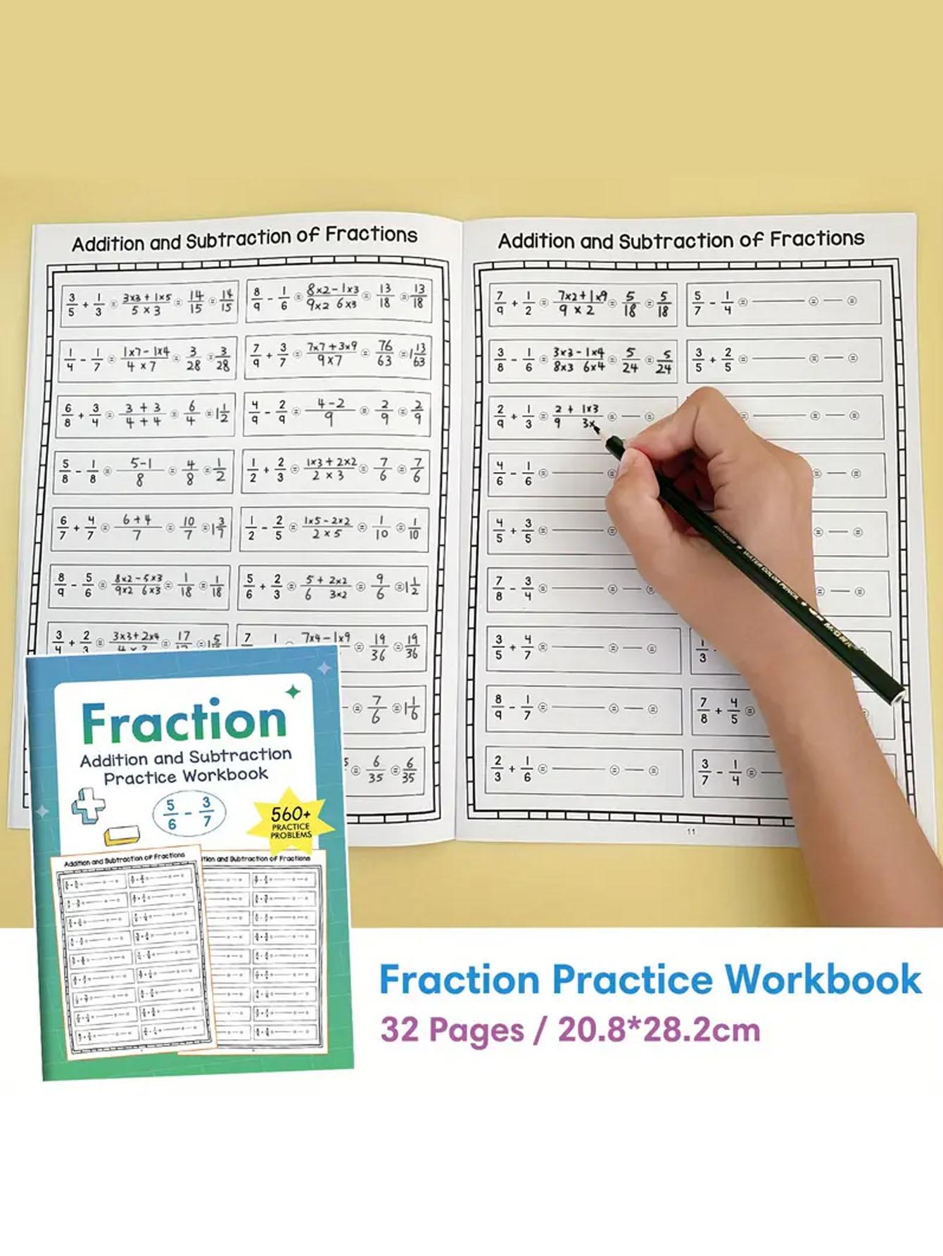 Elementary Math Workbook Set, Focuses on Basic Fraction Calculations, Includes Guided Addition Subtraction Multiplication Division Practice, Math Worksheets, Math Exercises