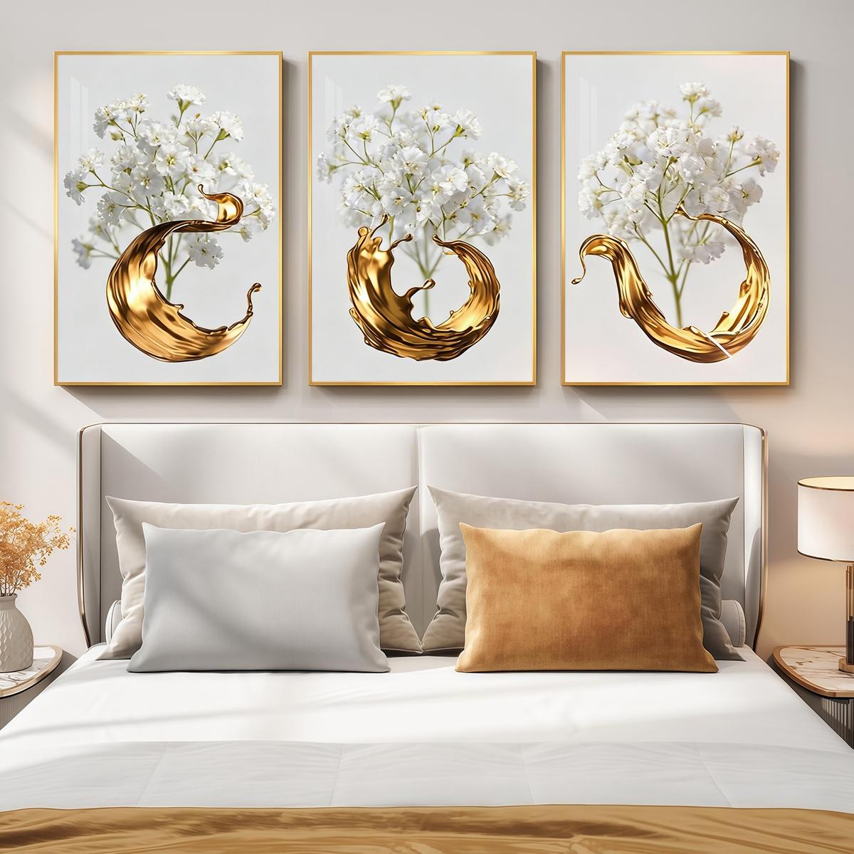 3 Counts Aluminum Alloy Framed Painting, White Flowers With Golden Liquid Art Pictures, Home Decoration For Living Room, Bedroom, Office, Restaurant, Hallway Wall Decor, Odorless Print Artwork, Luxury Perfect Gift For Friends And Family