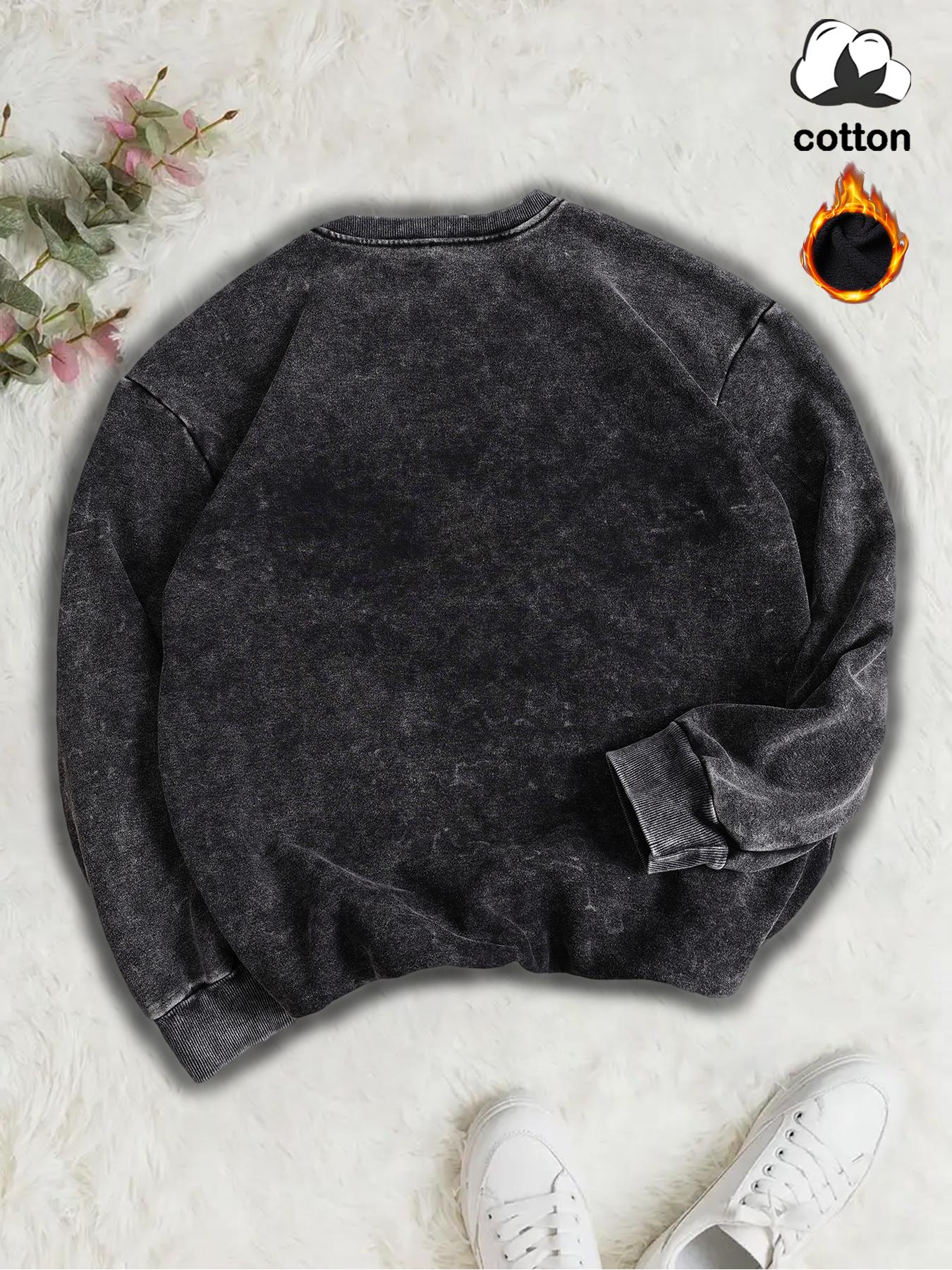 Women's Casual Fit Vintage Wash Cotton Pullover Sweatshirt, Round Neck Long Sleeve Fleece Lined Hoodie for Fall Winter Fashion