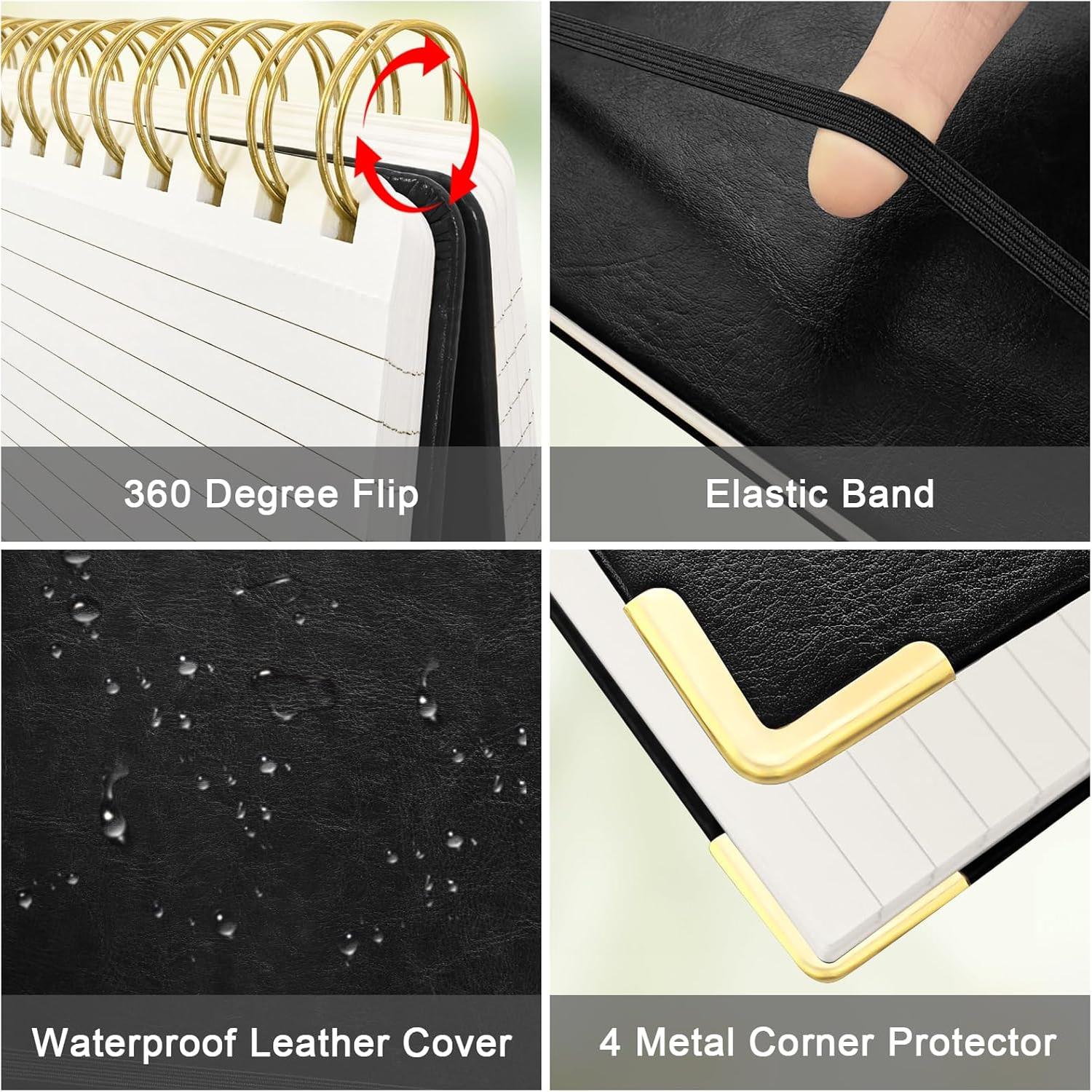 A4 Top Spiral Notebook, Large Leather Hardcover Top Bound Steno Pads, 240 Pages 100 gsm Thick Lined Paper Left Handed Notebook Journal for Work, School, Meeting Writing - Black, 8.5" x 11"