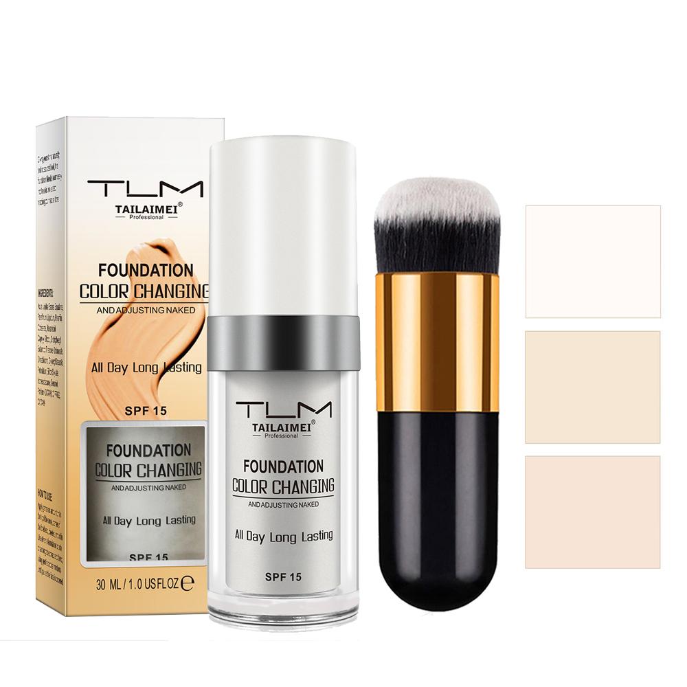 30ML Color Changing Foundation Liquid Set with Brush, Waterproof Sweatproof Long-Lasting Natural Makeup, Moisturizing Bb Cream Oil Control