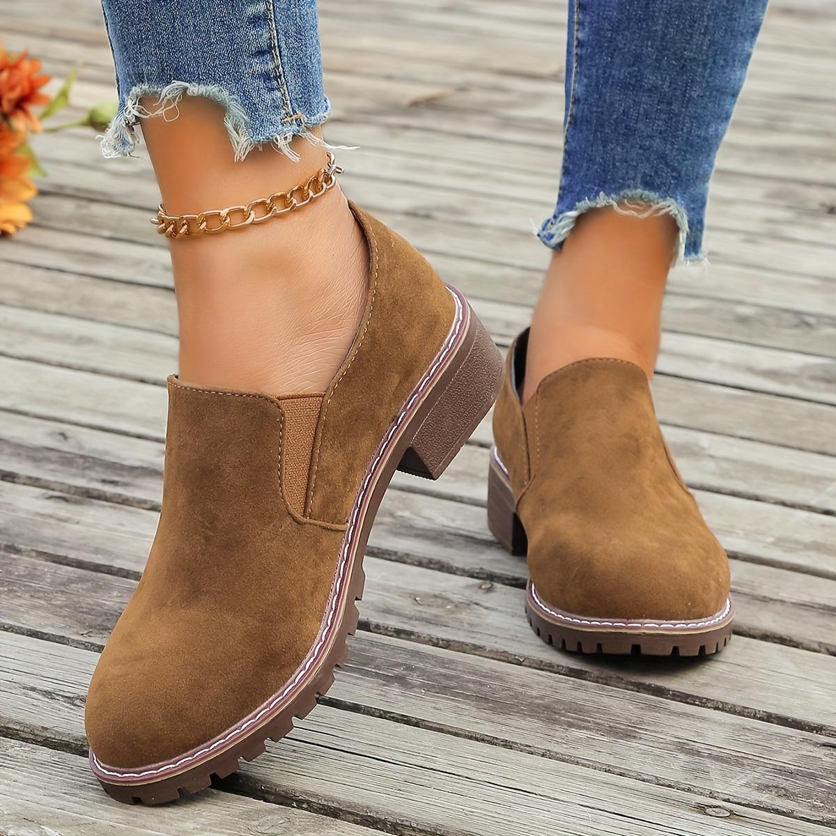 Comfortable Low Heel Ankle Boots for Women, Elastic Side Slip-On Casual Shoes