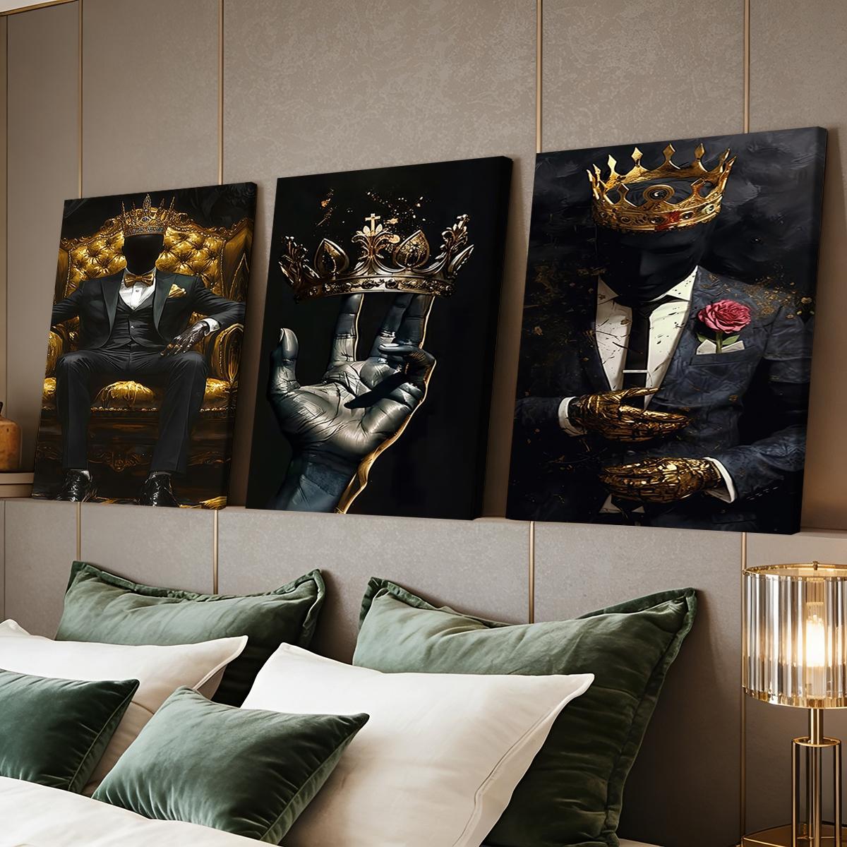 3 Counts Wooden Framed Canvas Painting, Golden Crown King Abstract Art Images, Exquisite Poster, Perfect Living Room Decoration, Modern Home Decor, Modern Art, Fashion Family Poster, Wall Art Decoration, Waterproof Art, Abstract Design