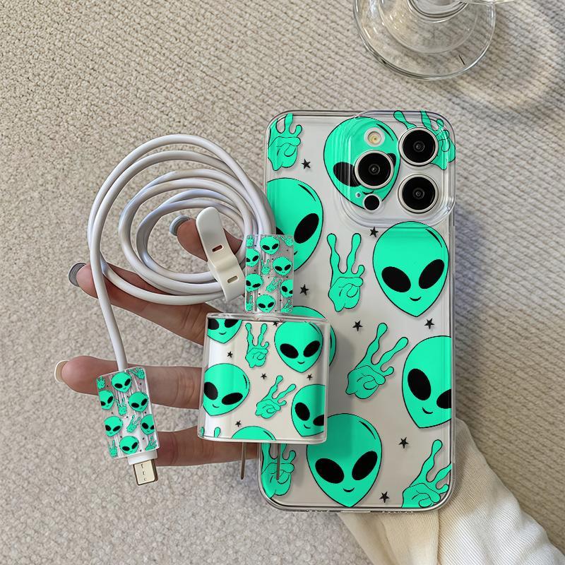 iPhone Case Set, Transparent Alien Design, Shockproof Protective Cover for iPhone 15 Series & More, Includes Charger Protector & Cable Wrap, Accessories
