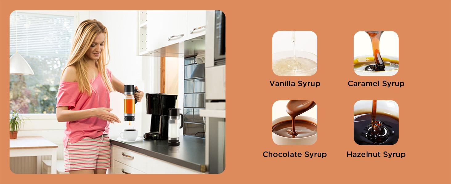 Coffee Syrup Dispenser, Honey Dispenser, 12 OZ Glass Syrup Bottles with Handle, No Drip Pouring, Coffee Bar Accessories for Coffee and Tea, Black 2 Pack