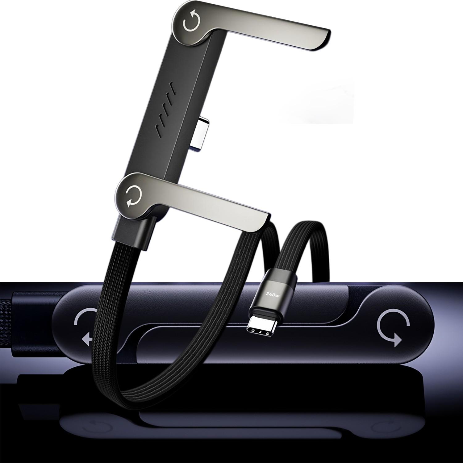 240w Super Fast Charging Data Cable, Foldable Phone Stand for iPhone 15-17 Android, Type C to C Braided 360° Rotating Charger Line