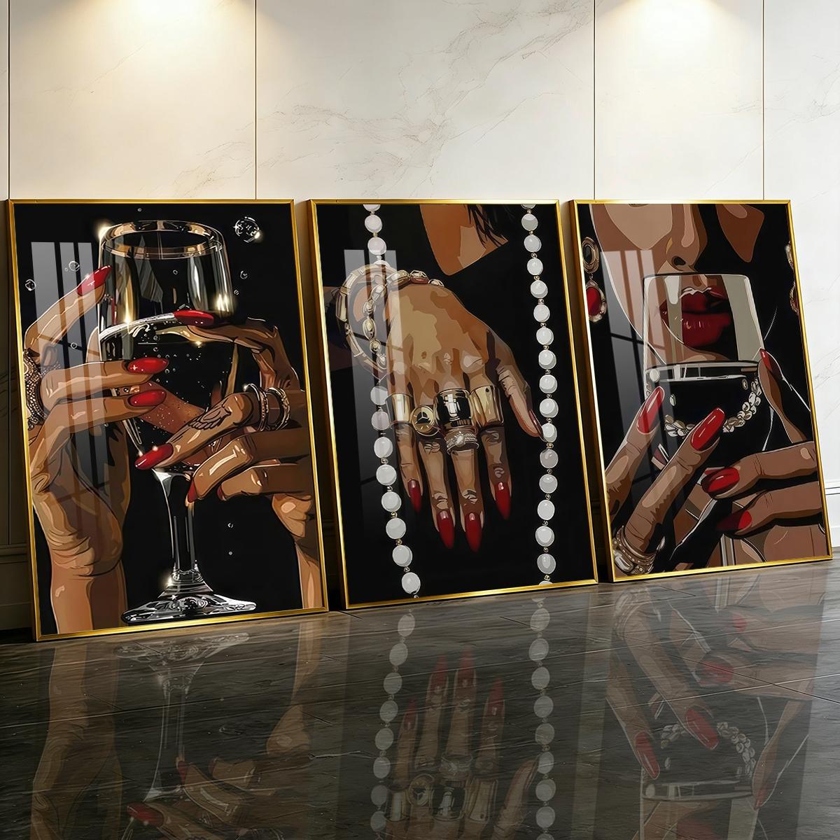 3 Counts Aluminum Alloy Framed Painting, Elegant Woman Hands With Wine Glass And Jewelry Pictures, Home Decoration For Living Room, Bedroom, Office, Restaurant, Hallway Wall Decor, Odorless Print Artwork, Luxury Perfect Gift For Friends And Family