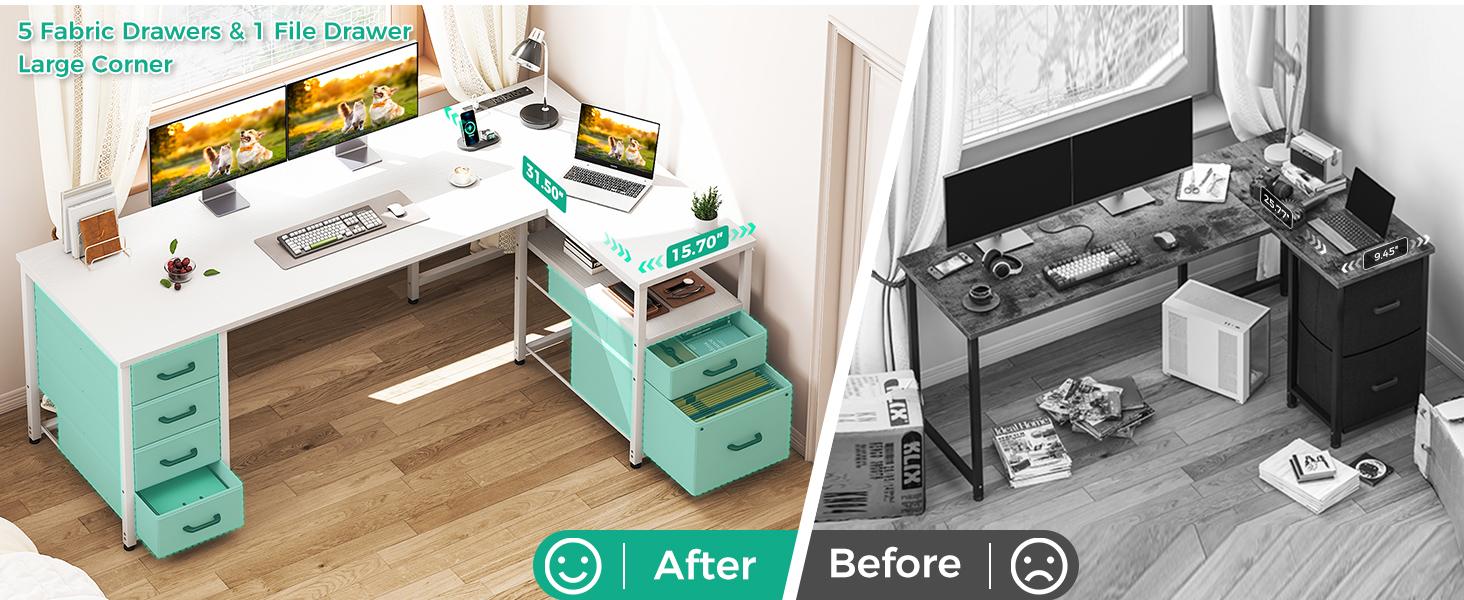 AODK Modern L-Shaped Corner Computer Desk - Large Workstation, Metal Frame, 6 Drawers, Reversible Storage Shelf, File Drawer, 1 Type-C Charging Port, Sturdy Legs, Easy WFH Setup for Home Office Commercial Furniture, L Shaped Workstation