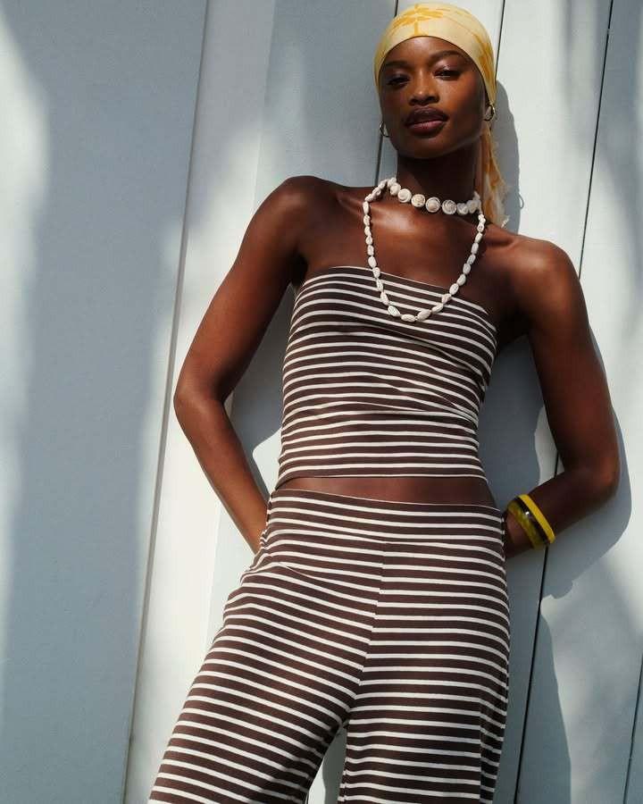 Women's Striped Print Crop Tube Top & Wide Leg Pants Set, Street Fashion Casual Two-piece Set for Daily Wear, Women's Summer Clothes, Cute Summer Outfit