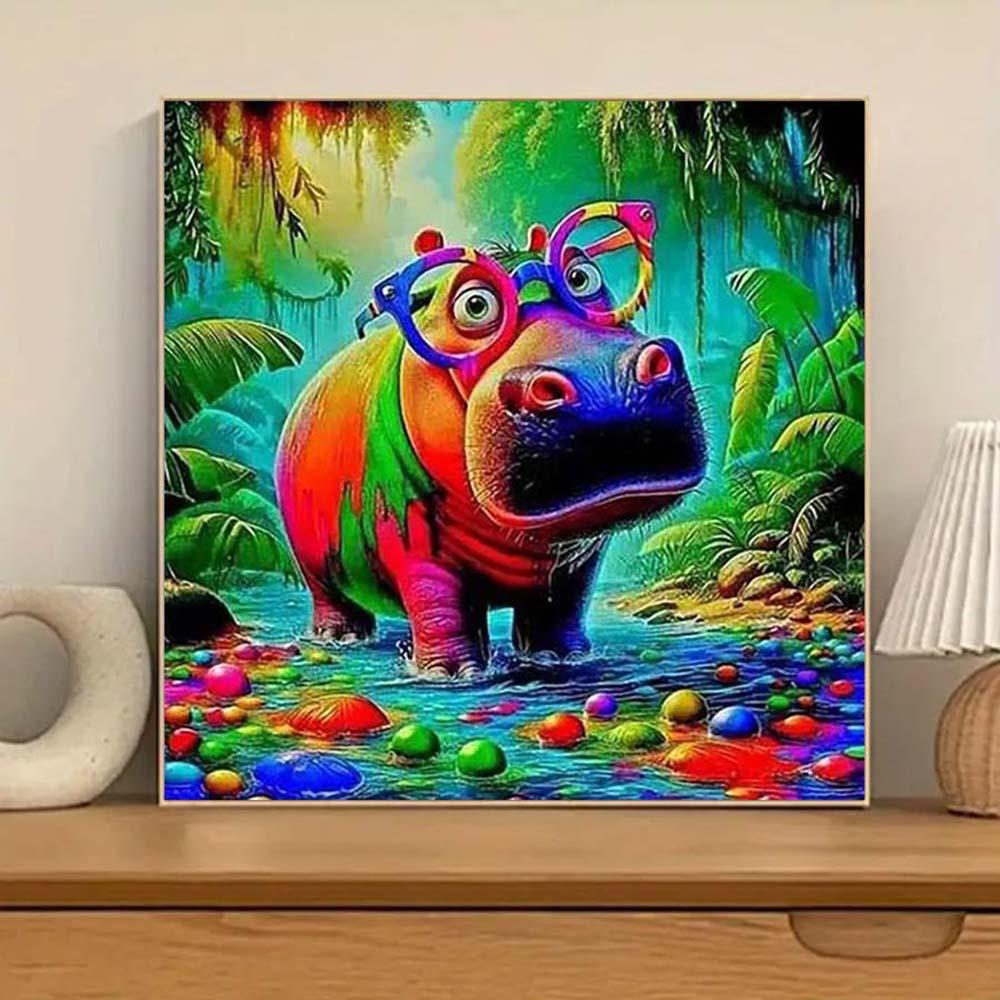 DIY 5D Flocking Cloth Diamond Painting Kit, AB Drill, Fairy Dust Drill, Crystal Drill, Hippo, Colorful, Tropical Diamond Embroidery, Special Craft Art Kit, Wall Decor, Gift for Family, Lover, Friends