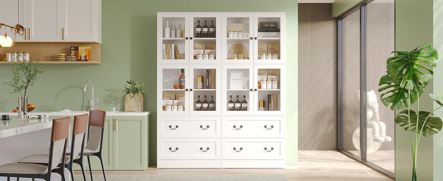 VOWNER 79'' Tall Modern Kitchen Pantry Storage Cabinet with 2 Drawers and 4 Glass Door for Living Room,Entryway,Bedroom Furniture Cupboard