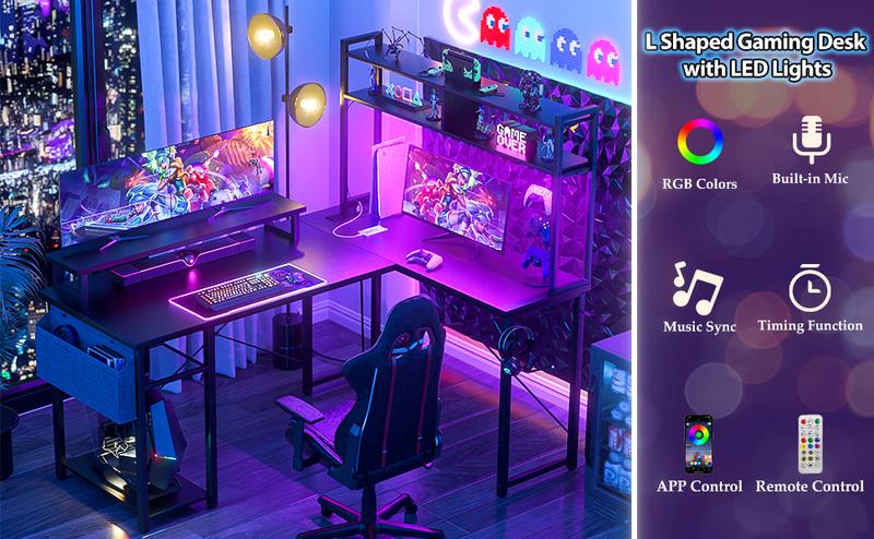 Reversible L Shaped Gaming Desk with LED Lights & Power Outlets，Computer Desk with Monitor Stand & Storage Shelf，Corner Desks Home Office Desk with Storage Bag