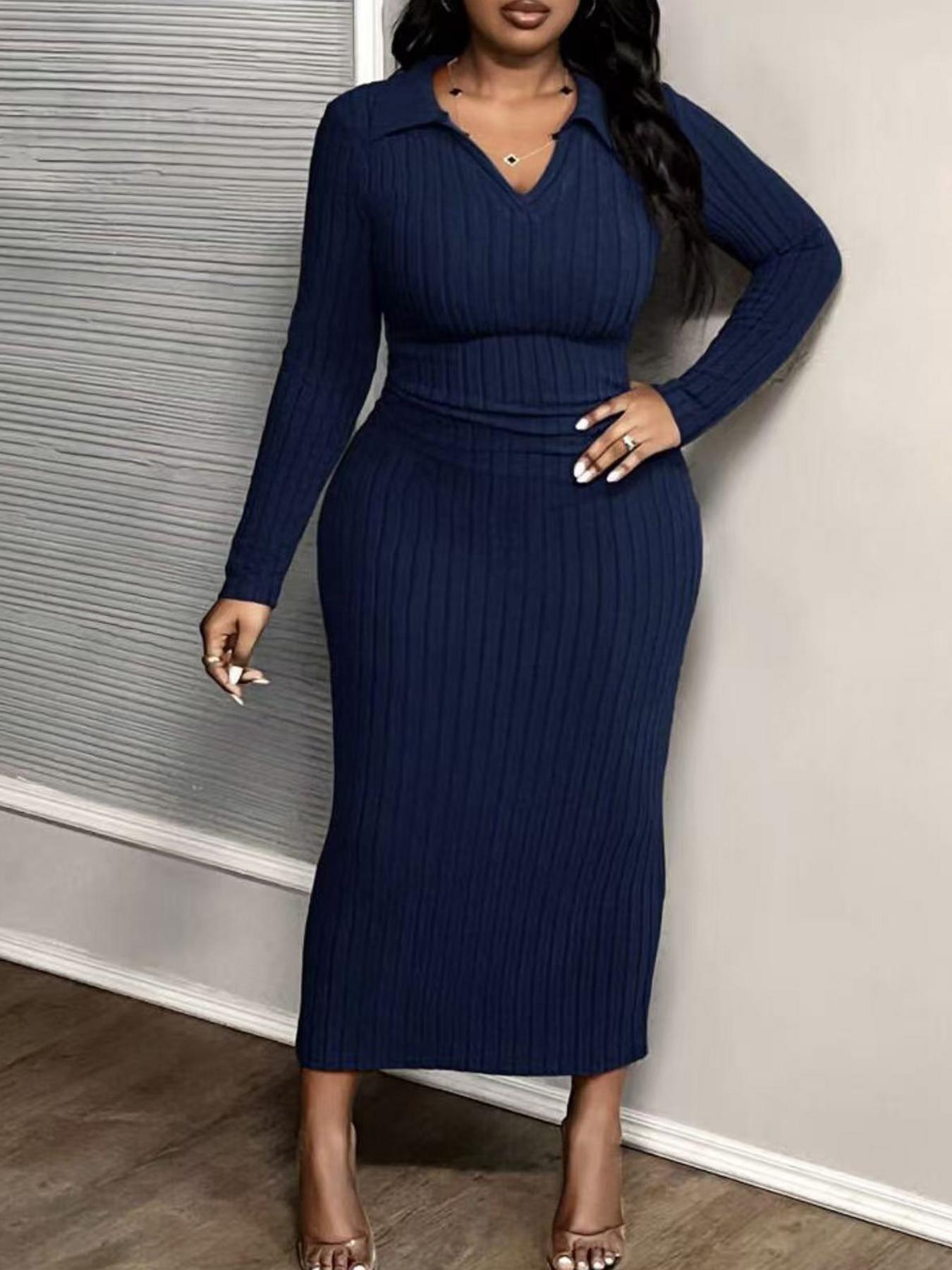 【Plus Size】1 Piece Plus Size Ribbed Knit Midi Dress with Collared V-Neck, Elegant Casual Style, Stretchy Fabric & Bodycon Fit, Flatters Curves Perfectly, Suitable for Plus Size Women's Office, Dinner Dates & Weekend Events