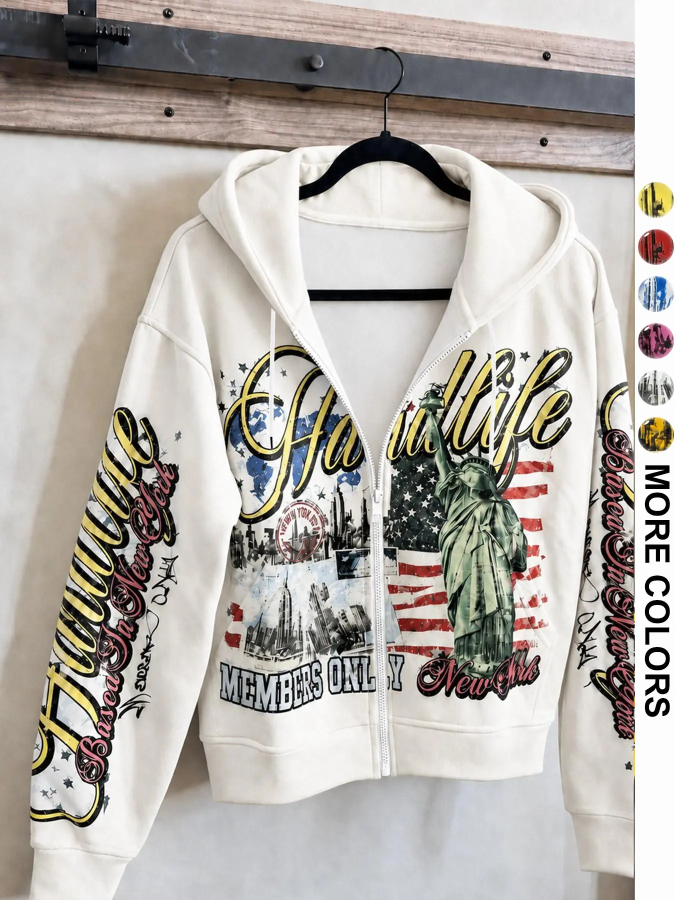 Men's Street Style Spring Casual Statue of Liberty Graphic Hooded Zip Up Sweatshirt Jacket, Y2K Fashion Long Sleeve Slim Fit