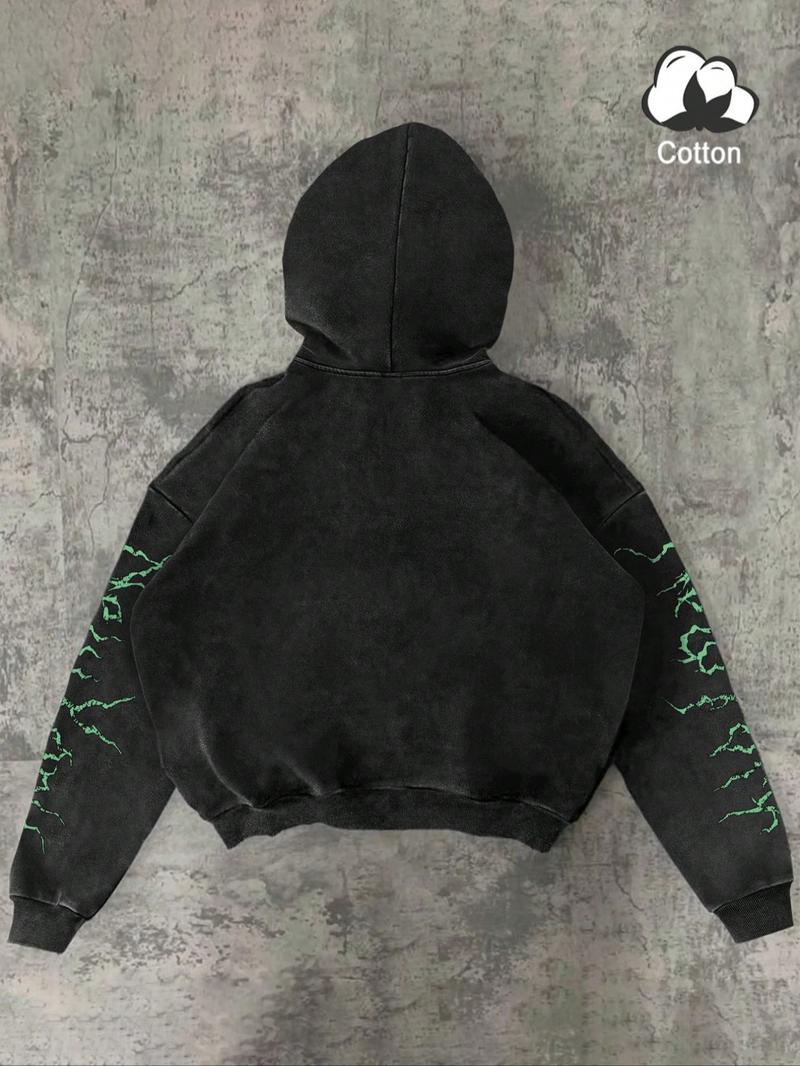 Unisex Streetwear Graphic Hoodie, New York Statue of Liberty & Gothic Symbols, Fall Winter Fitted Cotton Pullover, Casual Y2K Style