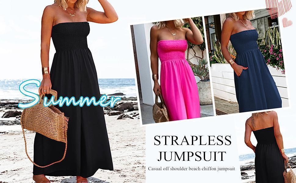 Imily Bela Womens Sleeveless Strapless Wide Leg Jumpsuits Summer Casual Loose Smocked Chiffon Jumpsuit Rompers with Pockets