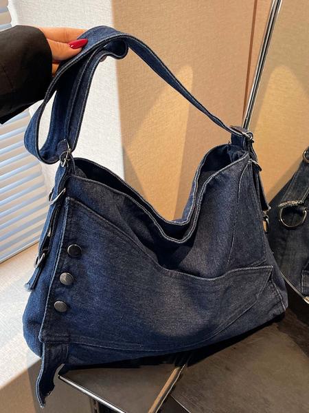 Retro denim messenger bag, old washing process, unique tailoring button design, casual fashion and versatile colors are optional, lazy style personality denim messenger bag, suitable for daily travel, etc., Denim shoulder bag, Crossbody shoulder bag