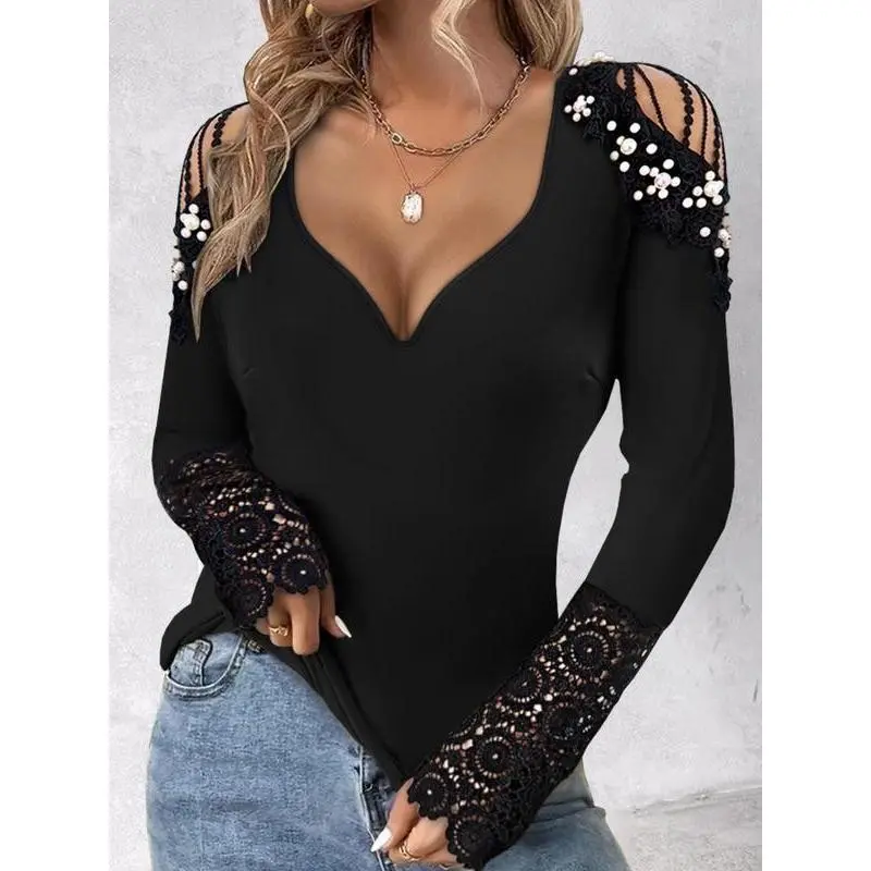 Women's Contrast Lace Faux Pearl Decor Sweetheart Neck Tee, Elegant Long Sleeve Cut Out Top for Spring & Fall Daily Wear