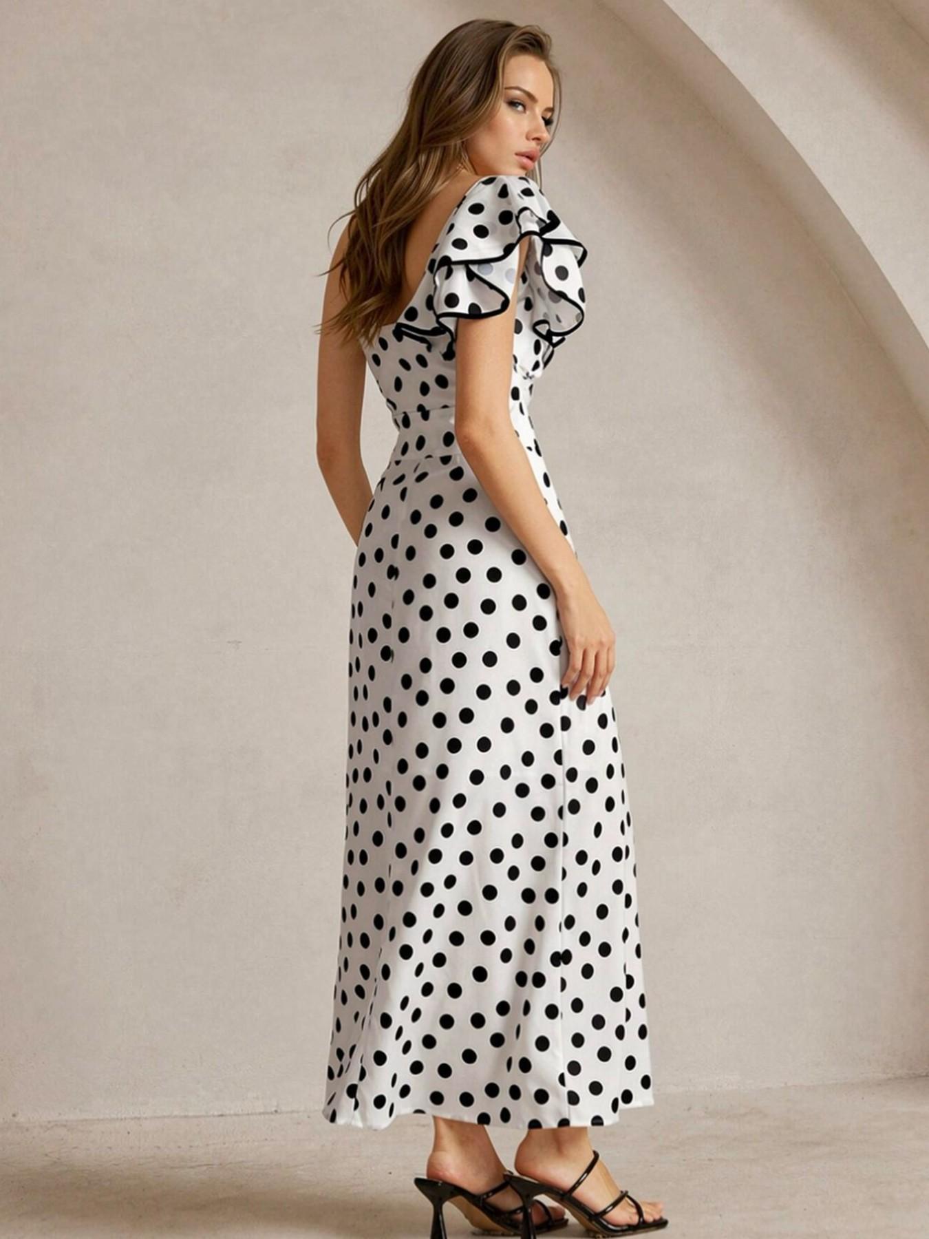 Women Polka Dot Print Casual One Shoulder Mini Dress, Stylish Maxi for Everyday Wear, Trendy Fashionable Ladies' Clothing
