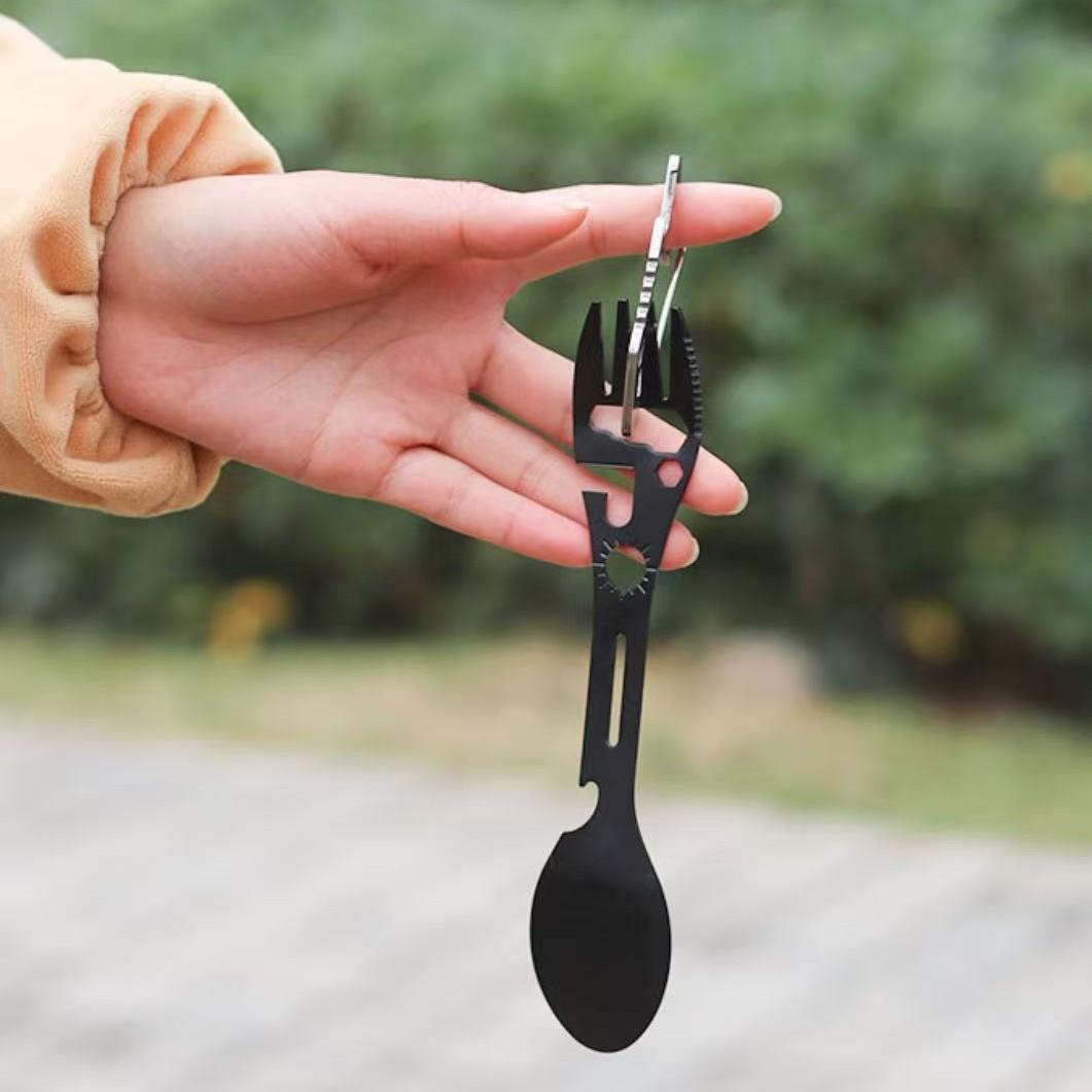 2pcs Stainless Steel Multi-Tool Spoon Set, Includes Bottle Opener, Wrench, Direction Indicator, Ideal for Camping Hiking Backpacking, Camping Kitchenware
