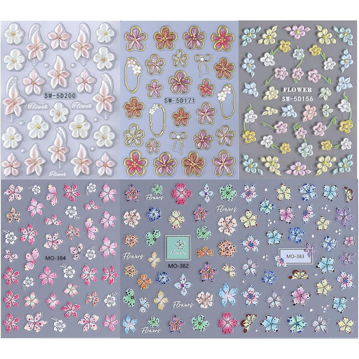 6PCS 5D Flowers Embossed Hibiscus Nail Stickers, Self Adhesive Summer Spring Flower Nail Art Decoration for Women, White Pink Hawaiian Floral Petals Nail Art Decoration