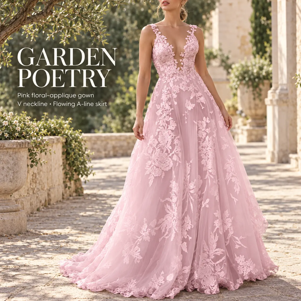 Women's Lace Appliqué A-Line Formal Gown, Sleeveless Deep V-Neck Tulle Maxi Dress with Pockets, Sheer Illusion Bodice and Floral Embroidery, Elegant Bridal Prom Evening Dress for Wedding, Party, Formal Events, Wedding Guest Apparel, Eveningwear Essentials