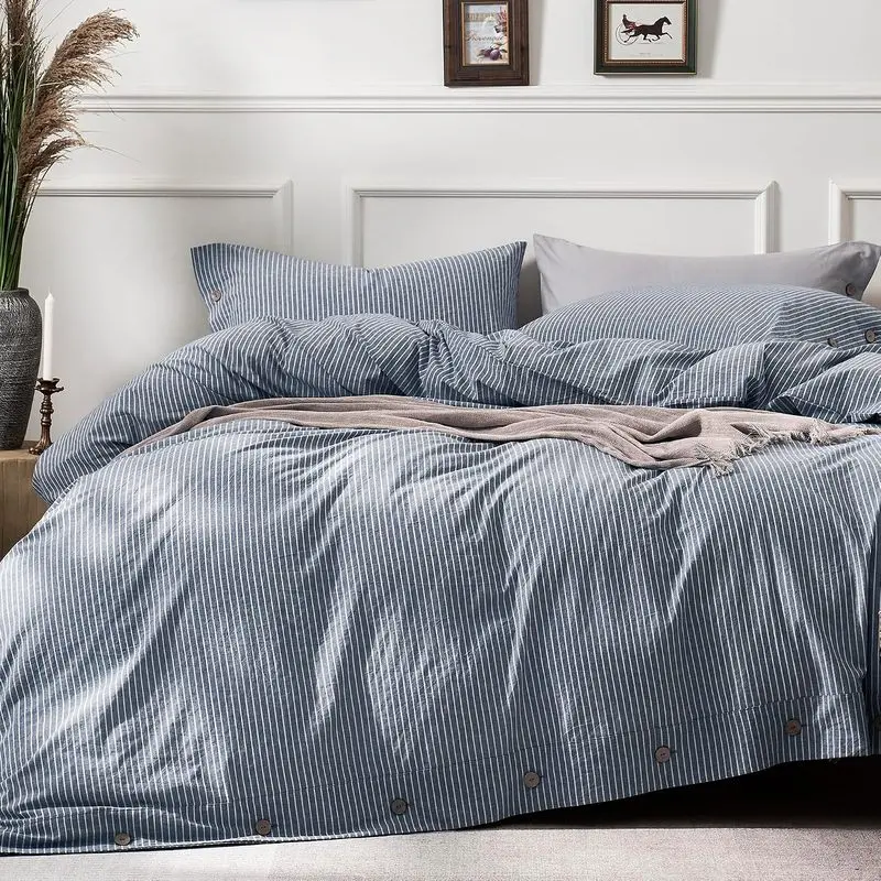 Queen Size Blue Pinstripe Flat Weave Duvet Cover Set, 100% Washed Cotton Bedding Set, Breathable Soft Linen-Feel Quilt Cover with Button Closure, Minimalist Hotel Decor, 100 Cotton