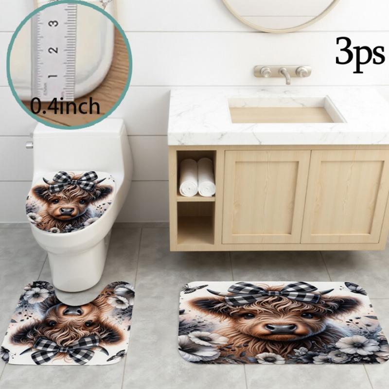 Highland Cow Christmas Shower Curtain Set, 72x72 Inch Waterproof Polyester Bath Curtain, Easy Install, Farmhouse Bathroom Decor