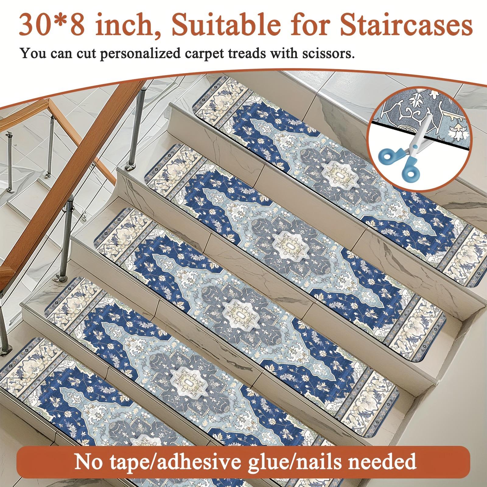 Non-Slip Stair Treads for Wooden Steps, 15PCS Boho Blue Carpet Stair Runners, Washable Stair Mats for Kids, Dogs, Elders, Indoor Stair Protectors with Adhesive, Vintage Floral Design