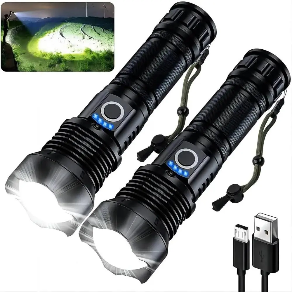 2-Pack Rechargeable Super-Bright XHP50.2 LED Flashlights, 1000000 Lumens, Water-Resistant, Multi-Mode (Including SOS Strobe), USB Rechargeable, Plastic/Metal Build, Outdoor Camping Hiking Gear, Specialty Kitchen Utensil Accessory